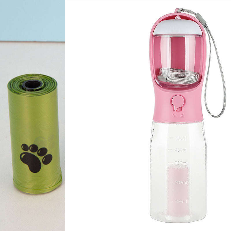 Portable Bucciato 3-in-1 pet water and food bottle for cats and dogs, featuring a leak-proof design and multifunctional dispenser.