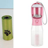 Portable Bucciato 3-in-1 pet water and food bottle for cats and dogs, featuring a leak-proof design and multifunctional dispenser.