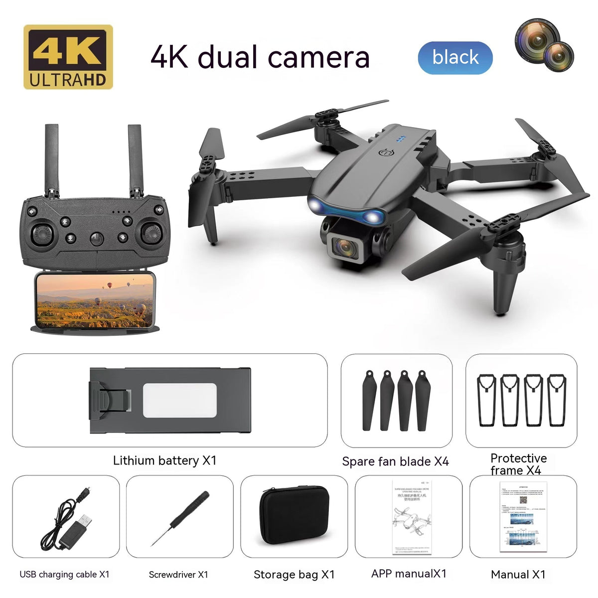 Bucciato E99pro aerial drone with foldable design, 4K dual camera and three-sided camera setup in flight