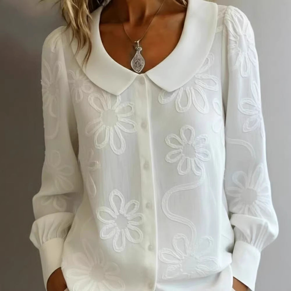 Damen-Langarmshirt mit besticktem Jacquard-Muster und Puppenkragen