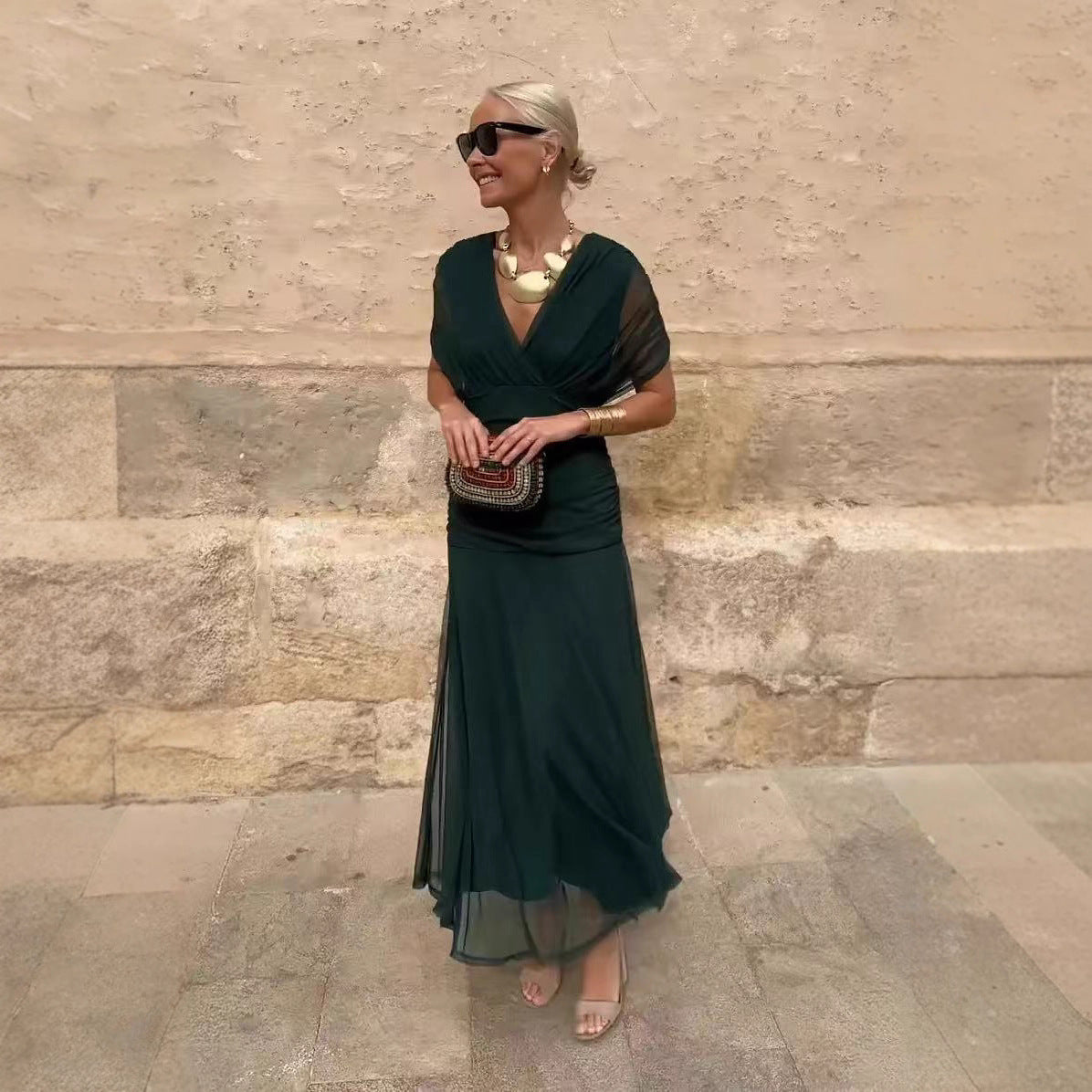 Europäisches und amerikanisches Frühlings-/Sommerkleid aus bedrucktem Mesh-Gewebe