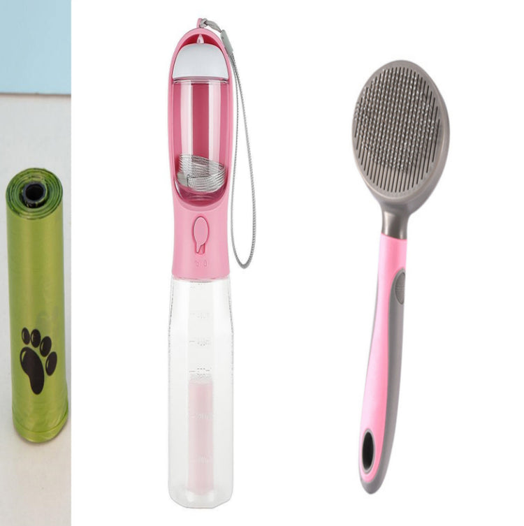 Portable Bucciato 3-in-1 dog and cat water bottle with food dispenser, leak-proof pet drinker, and poop bag holder.