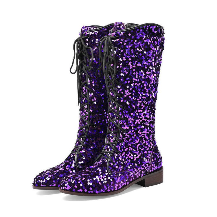Glittery round-toe mid-heel over-the-knee boots with front lacing, stylish women&