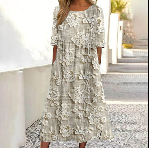 Schlichtes, stilvolles und elegantes Damenkleid mit Rundhalsausschnitt