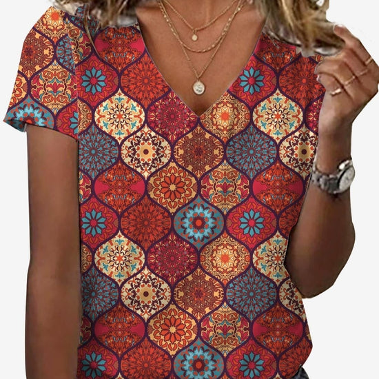 V-neck Short-sleeve 3D Digital-print Loose T-shirt Top