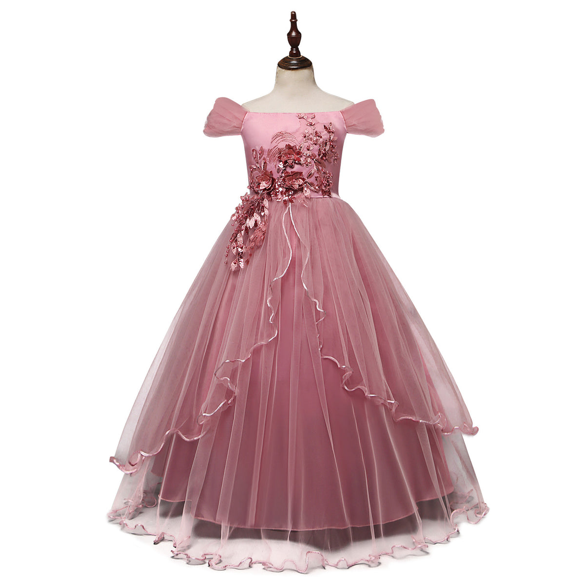 One-shoulder princess flower dress costume in pink with floral embellishments, perfect for dress-up or costume events.