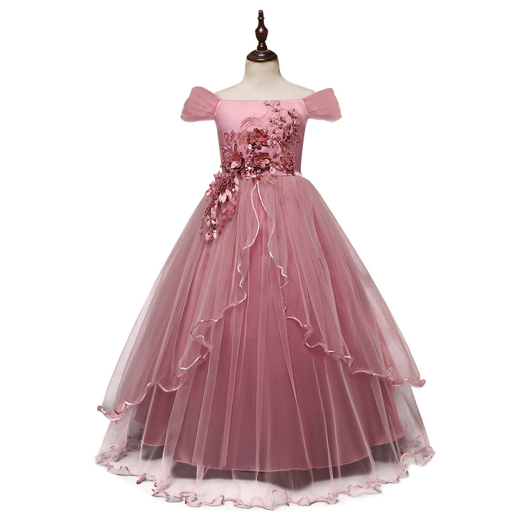 One-shoulder princess flower dress costume in pink with floral embellishments, perfect for dress-up or costume events.