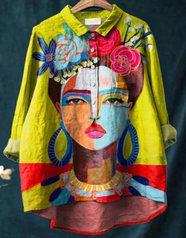 Women's Summer Loose-Fit Printed Lapel Casual European-Size Shirt