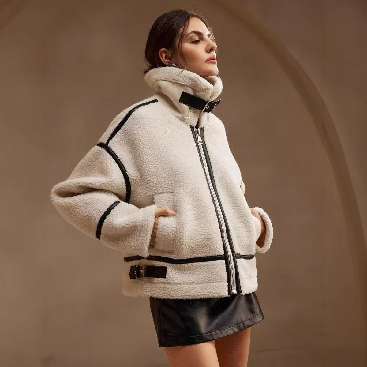 Womens Thickened Lamb-Mohair Leather And Fur All-in-One Biker Jacket