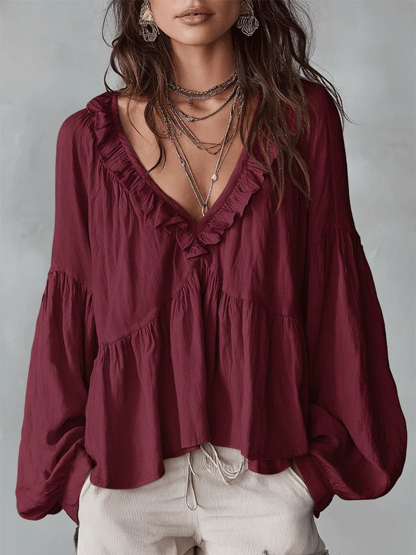 Ruffle-trimmed Puff-sleeve Pleated Blouse