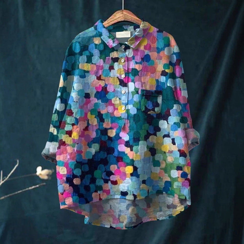 Women's Summer Loose-Fit Printed Lapel Casual European-Size Shirt