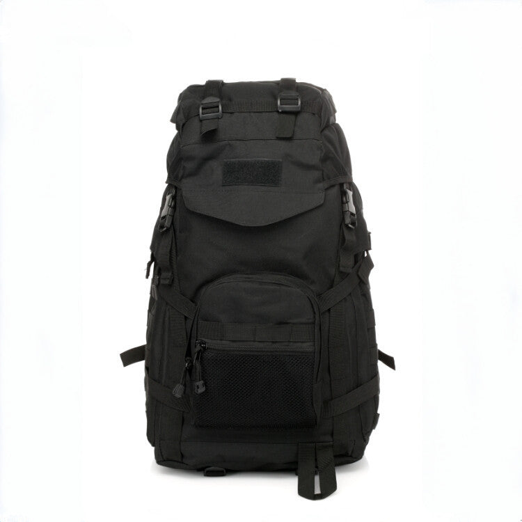 Camouflage backpack for camping, hiking, travel, and cycling with multiple compartments and adjustable straps, by Bucciato.
