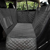 Bucciato dog car seat cover with mesh view, zipper, and pocket, designed as a safe pet travel hammock for rear car seats.