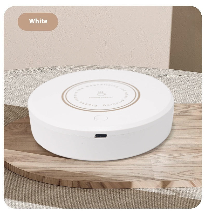 Rechargeable magnetic coffee stirring coaster from Bucciato, a smart kitchen gadget for automatic beverage stirring.