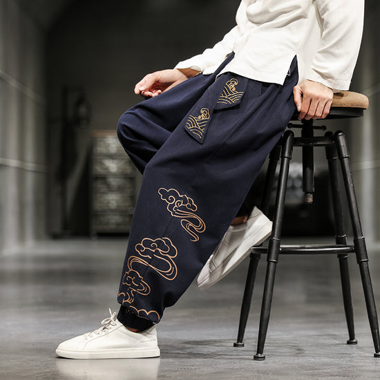Neue Herrenhose im chinesischen Stil, bedruckt, locker geschnitten, weites Bein, Übergröße