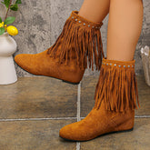 Plus size studded suede tassel boots for women, featuring decorative studs and tassels, in a stylish design.