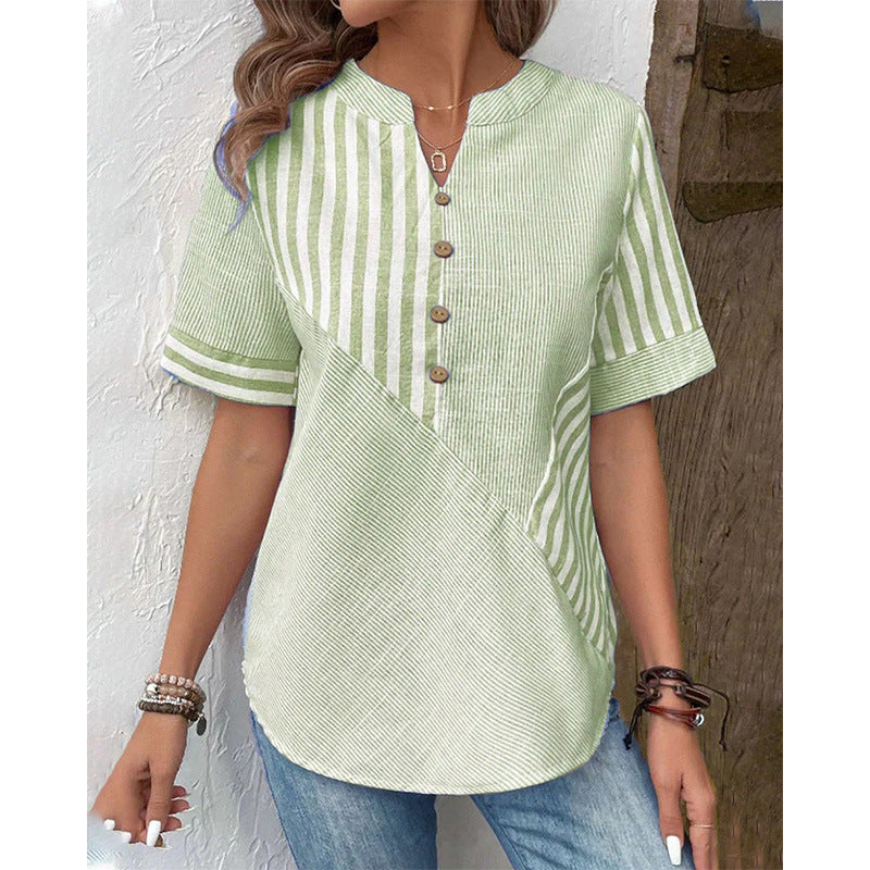 Women's Plus-Size Asymmetrical Striped Patchwork Cotton-Linen Top