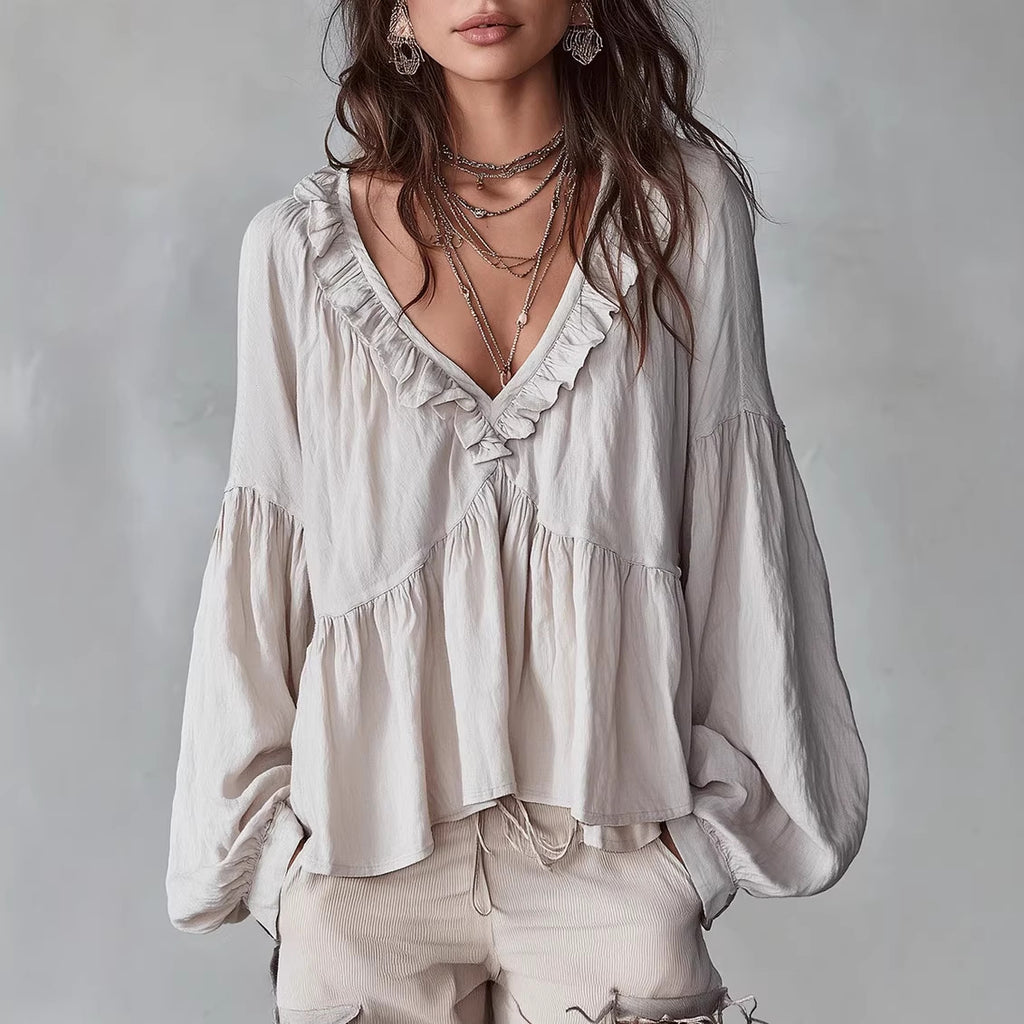 Rüschenbesetzte, plissierte Bluse mit Puffärmeln