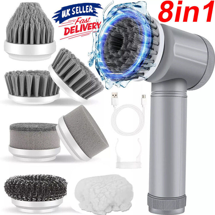 Rechargeable cordless electric cleaning brush with spinning turbo scrub head, ideal for deep cleaning various surfaces.