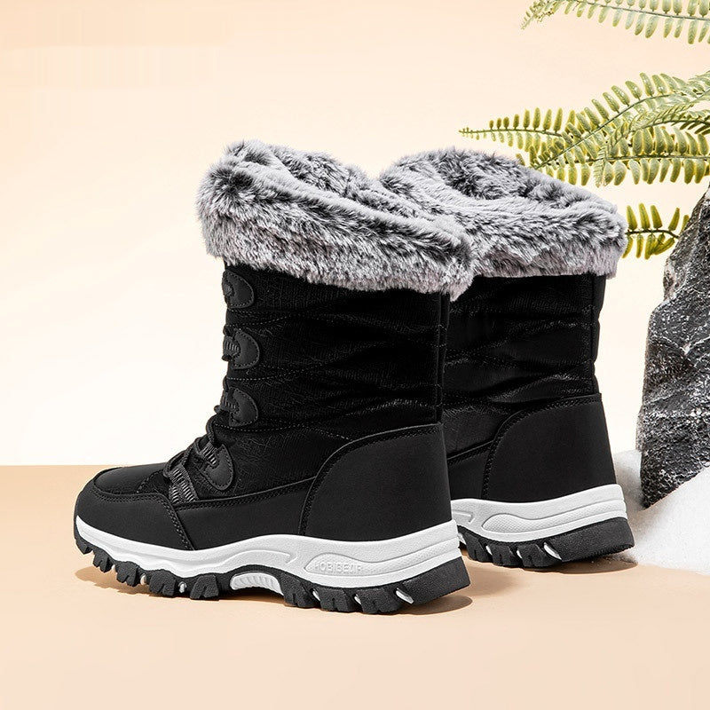 Warme Damen-Schneestiefel mit breiter Zehenpartie, mittelhoch, mit weicher Sohle und Kunstfellfutter für den Winter