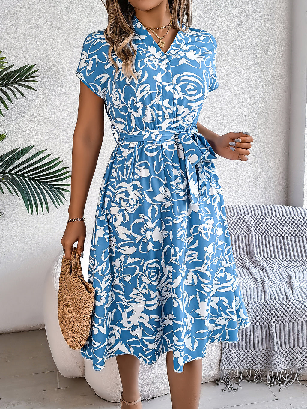 Women's Casual V Neck Button Batwing Sleeve Floral Print Flowy Dress