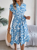 Women's Casual V Neck Button Batwing Sleeve Floral Print Flowy Dress