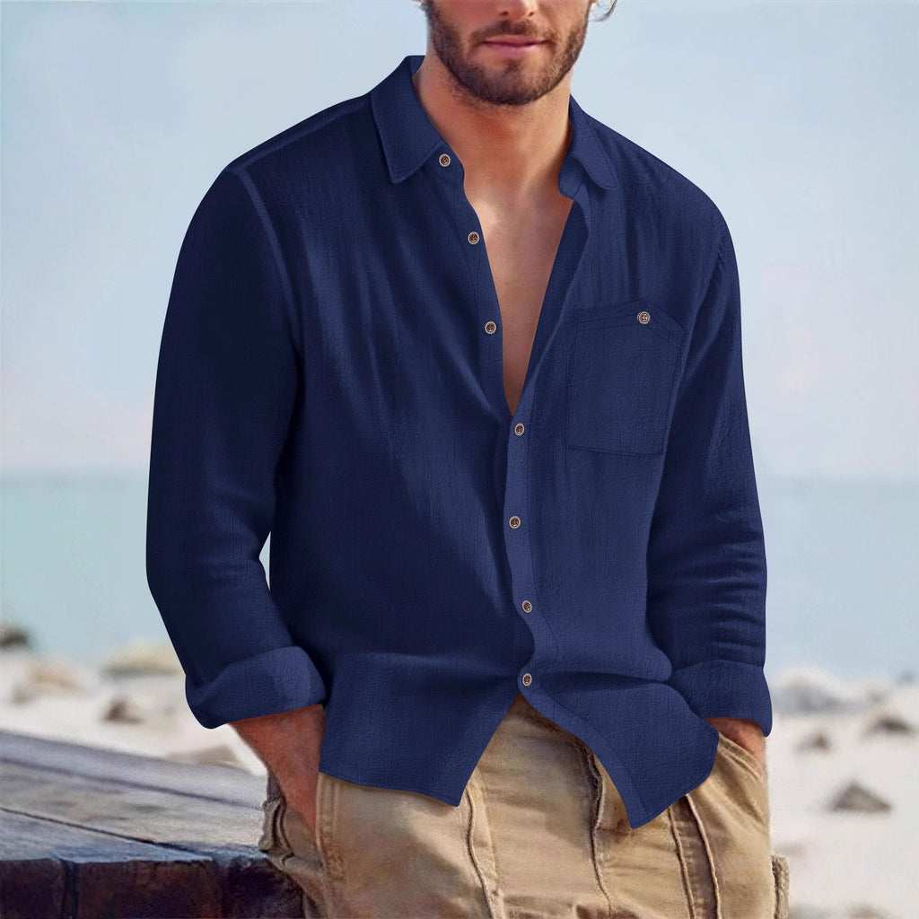 Men's Linen Loose-fit Solid-color Lapel Cardigan Shirt