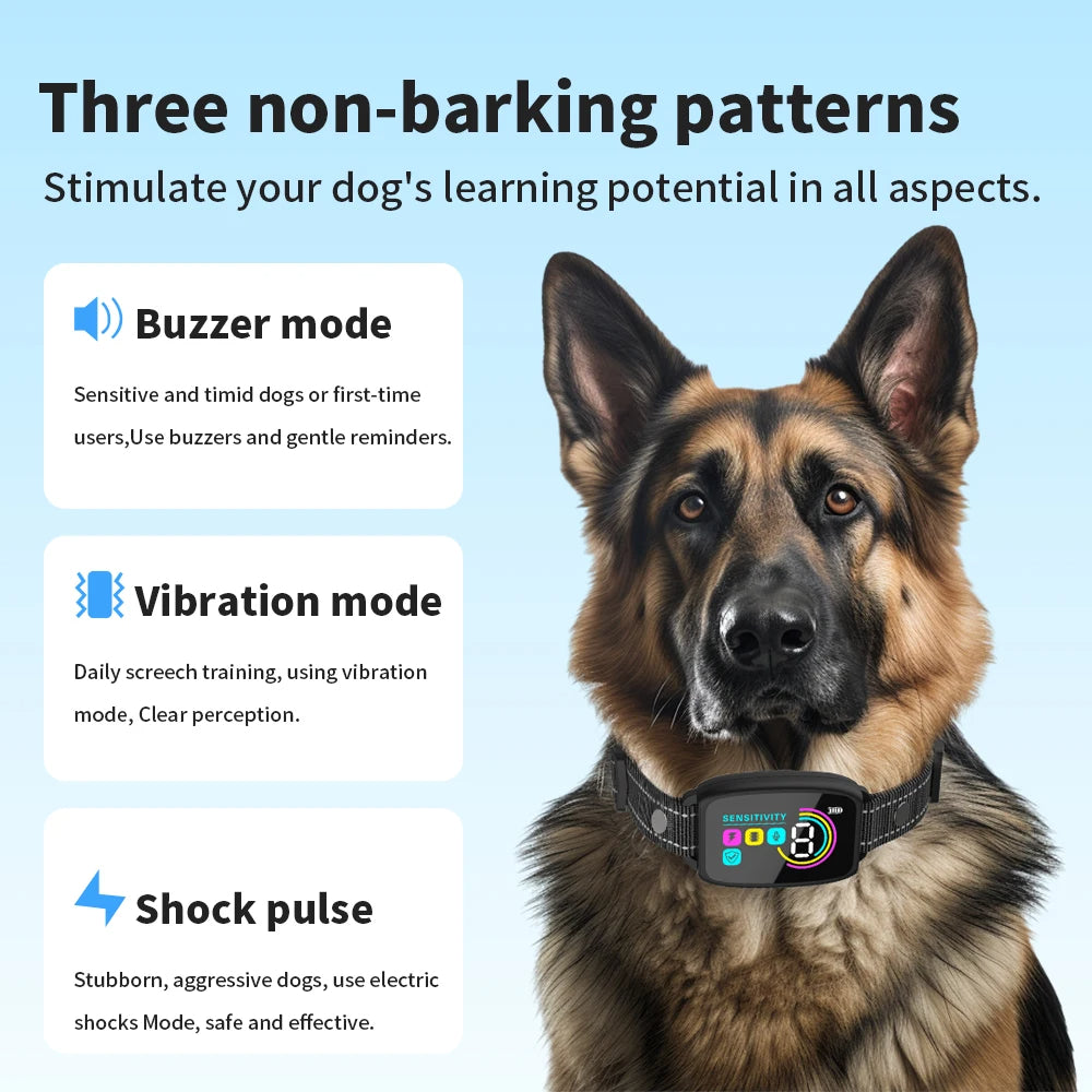 Intelligentes, automatisches Antibellhalsband für Hunde, wiederaufladbar, mit HD-Digitalanzeige, IP67 wasserdicht.