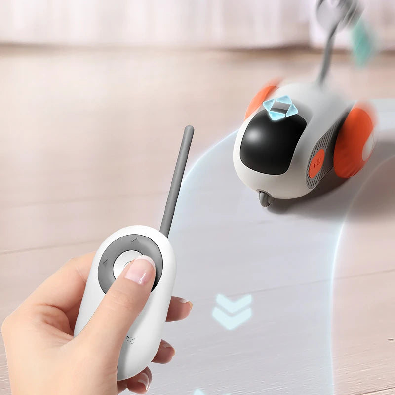 Interactive cat toy car with remote control, USB charging, and automatic chasing features for playful pets.