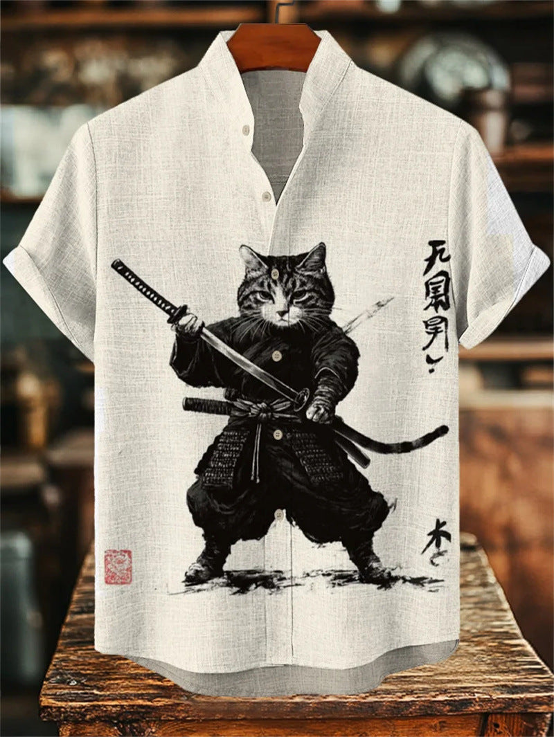Men's Printed Short-Sleeve Stand-Up Collar Top