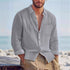 Men’s linen loose-fit solid-color lapel cardigan shirt featuring a relaxed fit, button-up front, and classic collar in natural fabric.