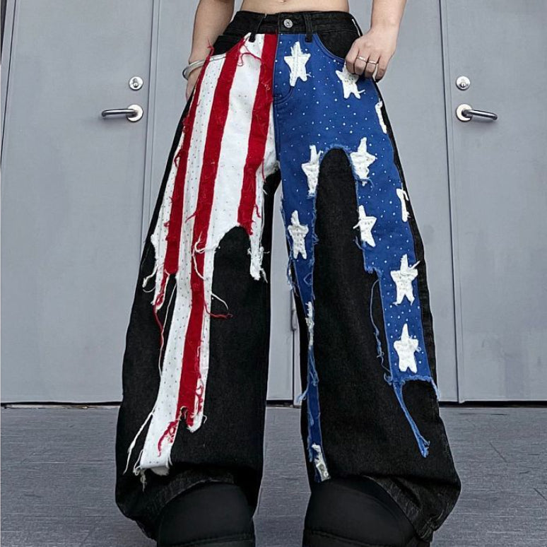 Women's American-style Washed Striped Heat-pressed Patch Jeans