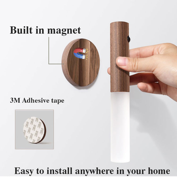 Bucciato wireless night light with LED, USB, magnetic wood design, PIR motion sensor, wall mount for corridors and cabinets.