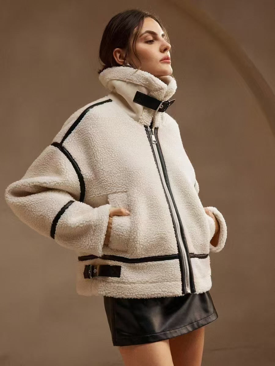 Womens thickened lamb-mohair leather and fur all-in-one biker jacket with quilted details and front zipper closure, stylish and warm.