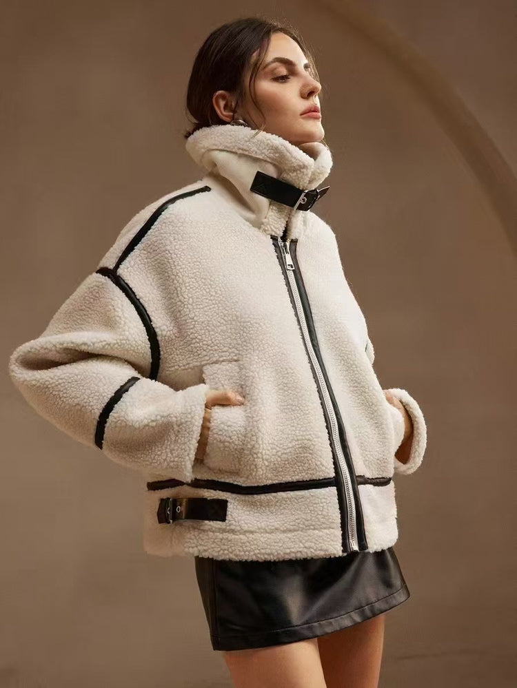 Womens thickened lamb-mohair leather and fur all-in-one biker jacket with quilted details and front zipper closure, stylish and warm.