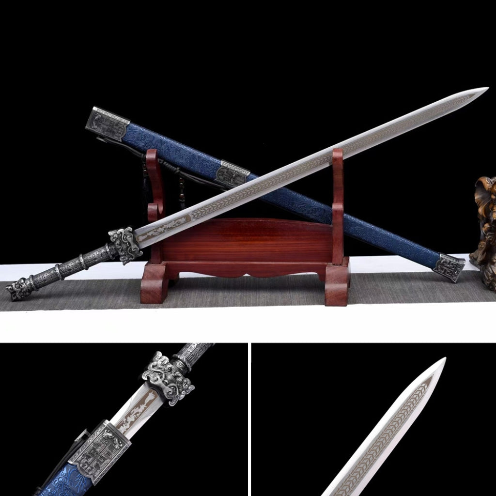 Antikes Ganzschwert im Tang-Stil, Langschwert mit Manganstahlklinge, Han-Schwert, Tang-Säbel (horizontal), ungeschärfte Kaltwaffe