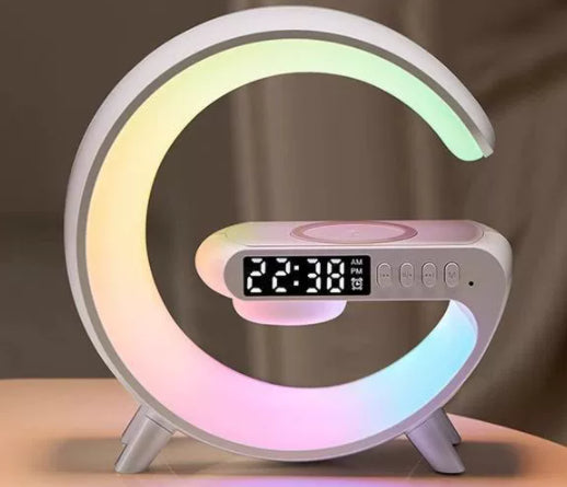 Intelligente G-förmige LED-Lampe mit Bluetooth-Lautsprecher, kabellosem Ladegerät und App-Steuerung für stimmungsvolles Ambiente – ideal für Schlafzimmer und Wohnaccessoires