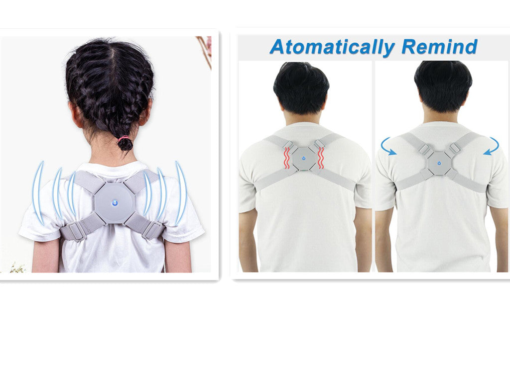 Adjustable smart back posture corrector in black with straps and buckles, designed to improve spinal alignment and posture.