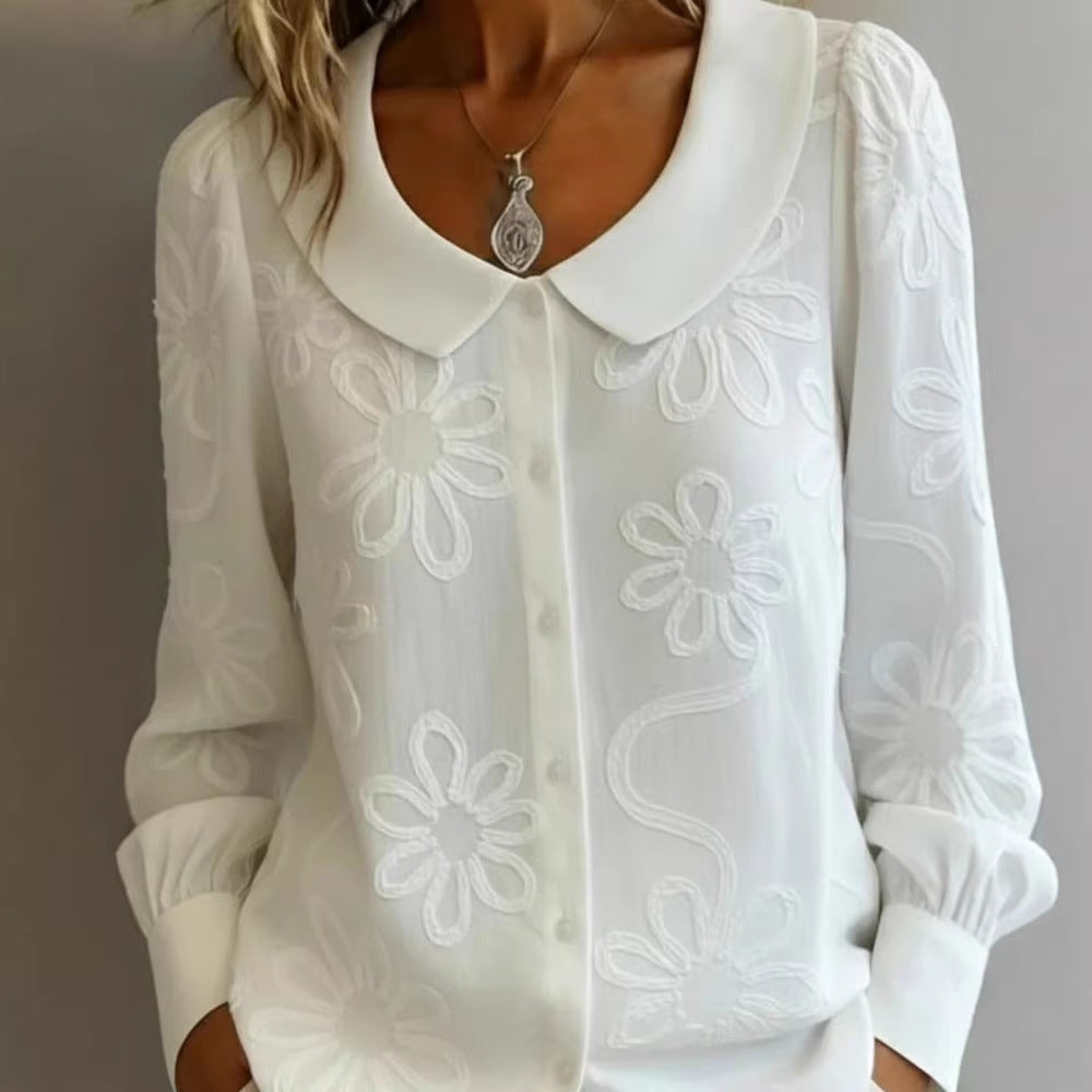 Damen-Langarmshirt mit besticktem Jacquard-Muster und Puppenkragen