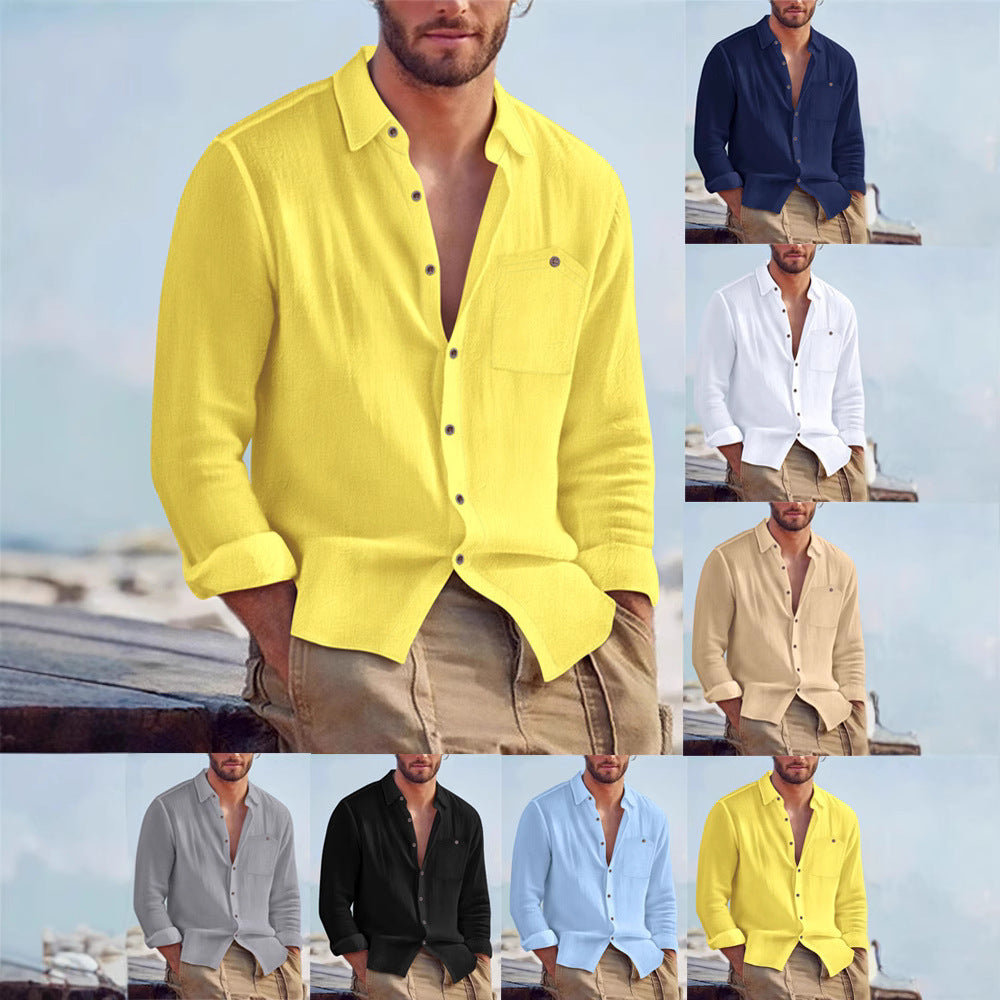 Men’s linen loose-fit solid-color cardigan shirt with lapel, displayed on a hanger in neutral tones, from Bucciato.