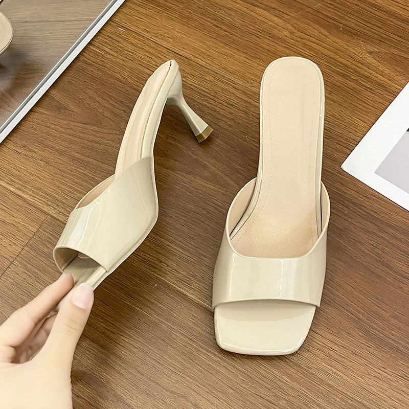 Womens Open-toe Square-toe Slippers With A Thin Heel For Outdoor Wear