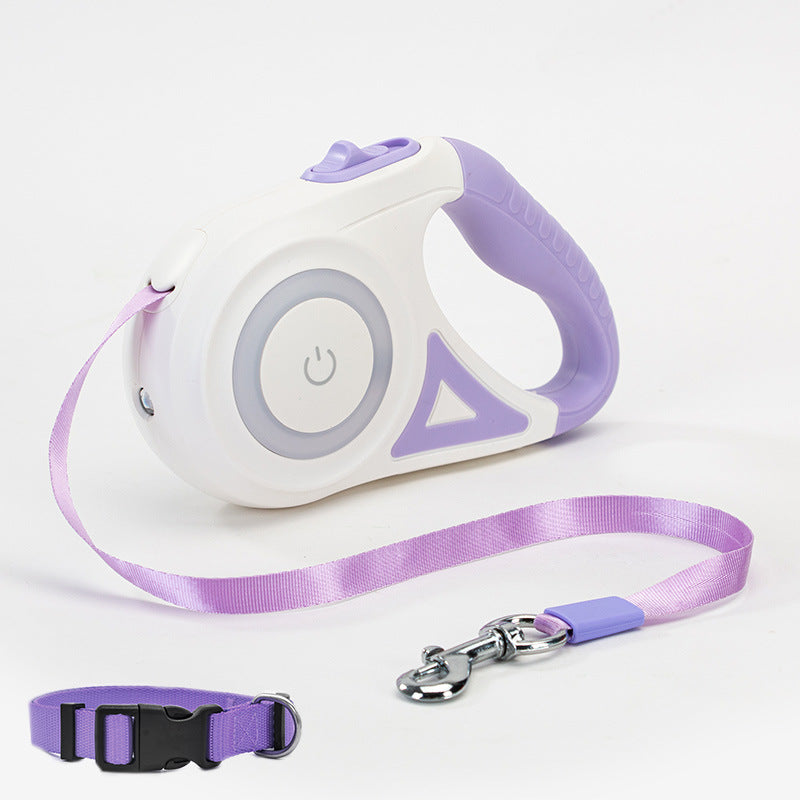 Retractable dog leash and collar set with spotlight for small and medium dogs, featuring automatic traction and durable design.