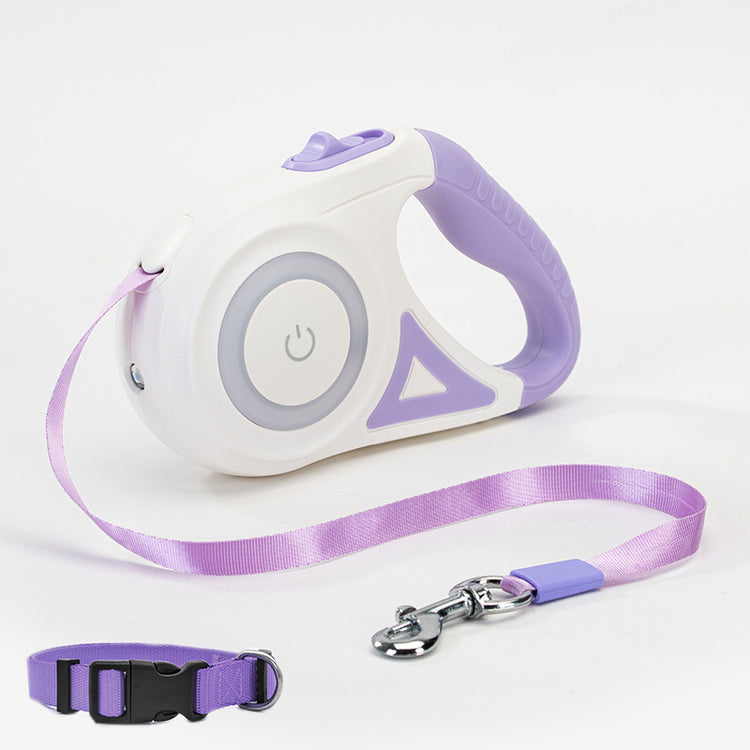 Retractable dog leash and collar set with spotlight for small and medium dogs, featuring automatic traction and durable design.