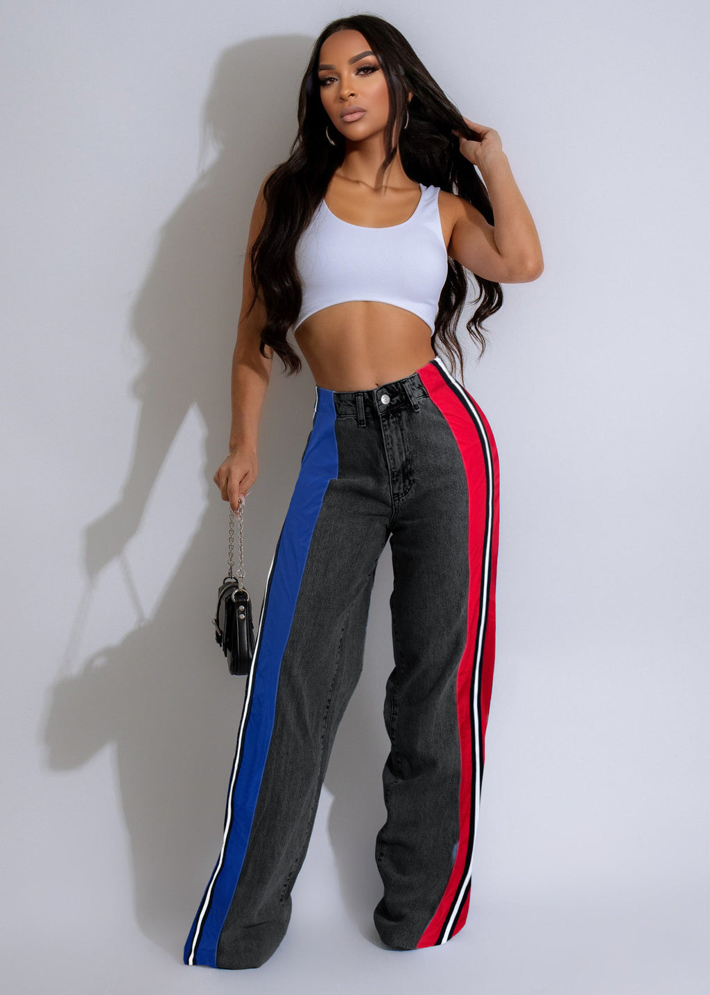 Stylish Patchwork Striped Contrasting Denim Jeans
