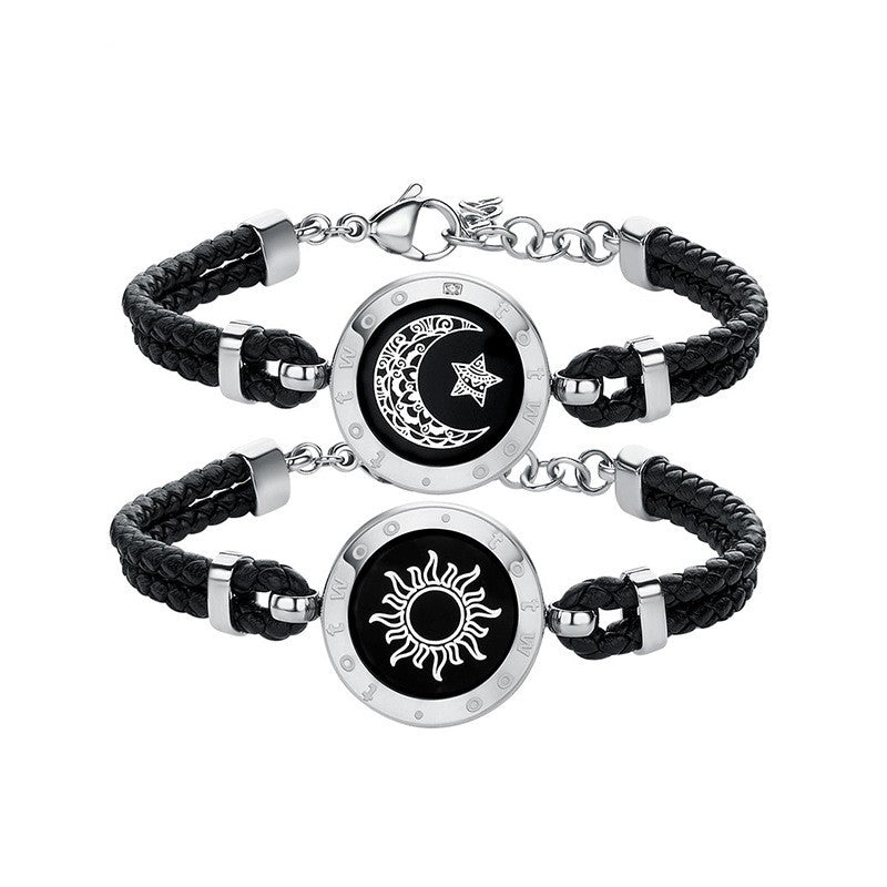 Sun-Moon Smart Sensing Couple Bracelet by Bucciato, sleek black bracelet with moon and sun symbols, designed for couples&