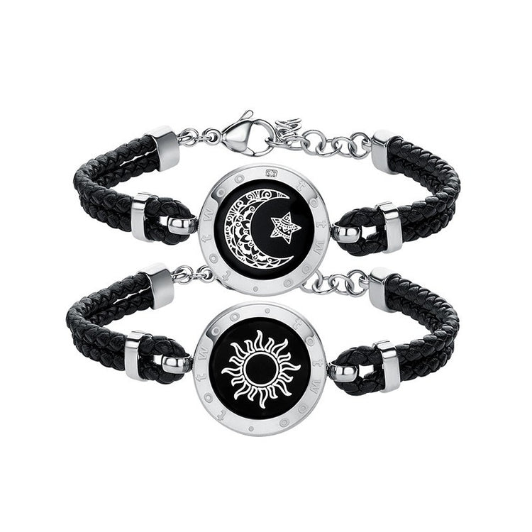 Sun-Moon Smart Sensing Couple Bracelet by Bucciato, sleek black bracelet with moon and sun symbols, designed for couples&