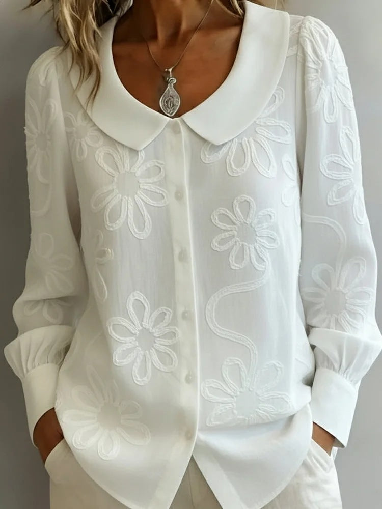 Women's Embroidered Jacquard Doll Collar Long-Sleeve Shirt
