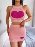 Women  Casual Color Block Heart Cropped Top & Bodycon Skirt Knit Set
