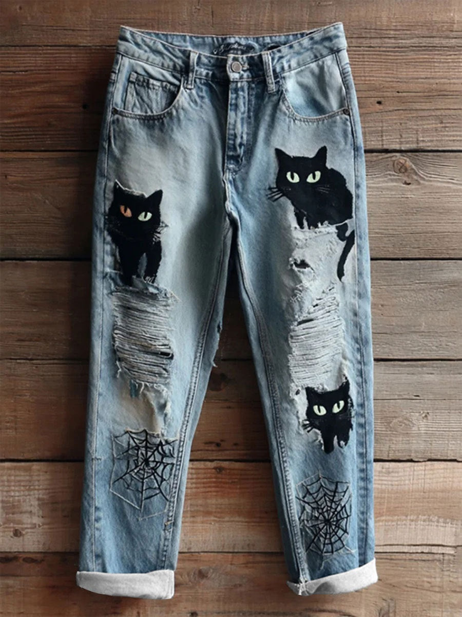 New Fashion Digital-print Denim Straight-leg Pants