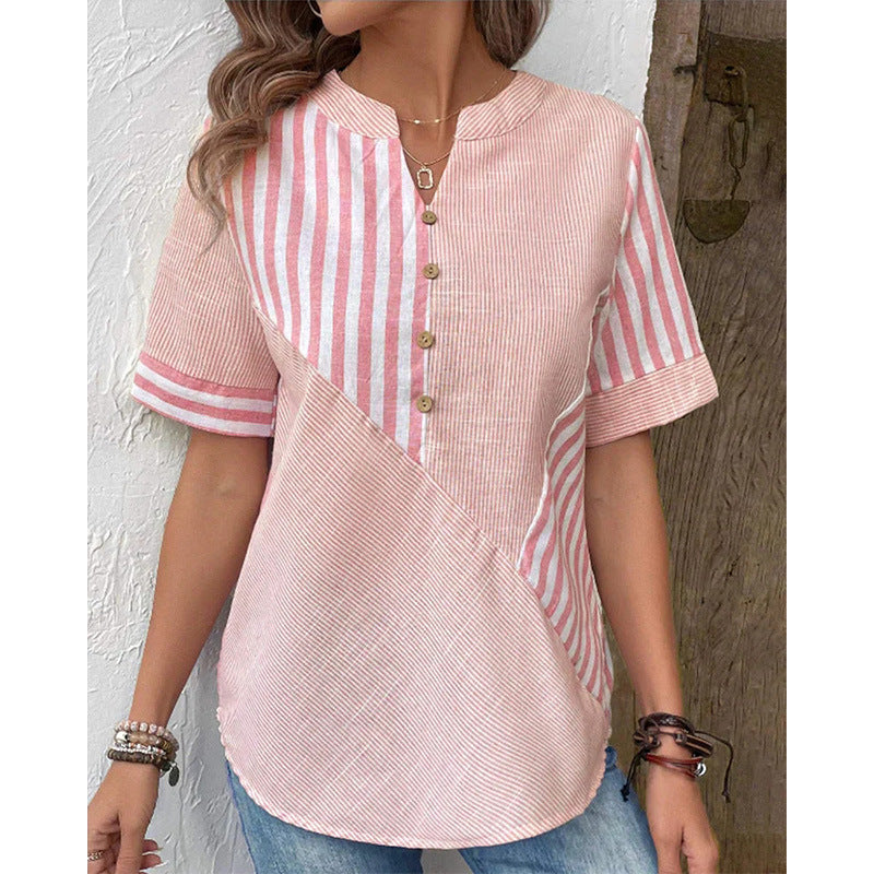 Women's Plus-Size Asymmetrical Striped Patchwork Cotton-Linen Top